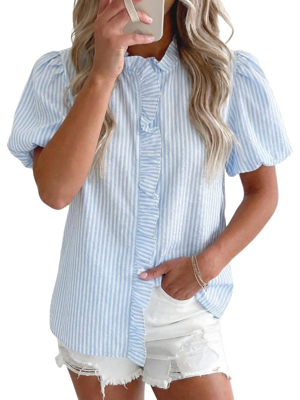 Women Striped Blouses Spring Summer Ruffle Collar Puff Sleeve Button Down Shirts